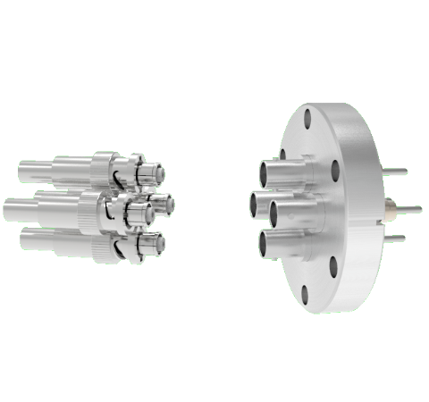 SHV Grounded Shield Exposed 5kV 10 Amp 0.094 Nickel Conductor 4 each in a CF2.75 Flange With Plug