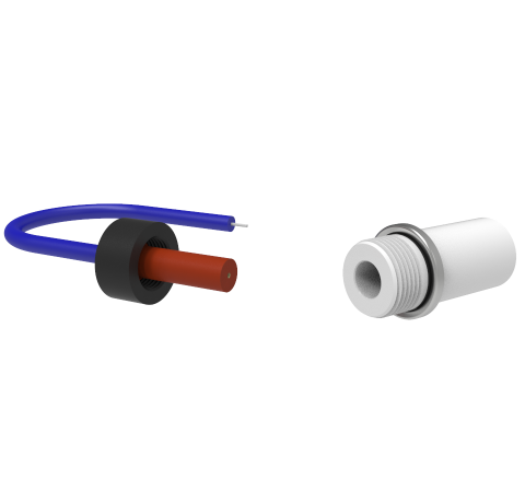 Single-Pin, 50kV, 10Amp Threaded Ceramic Feedthrough, Nickel-Plated Steel Conductor, Weld In, With Plug